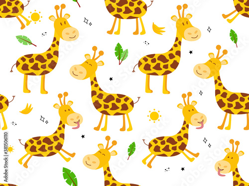 Vector illustration of seamless pattern with animal giraffe, palm leaf, sun, bananas © GrandDesign