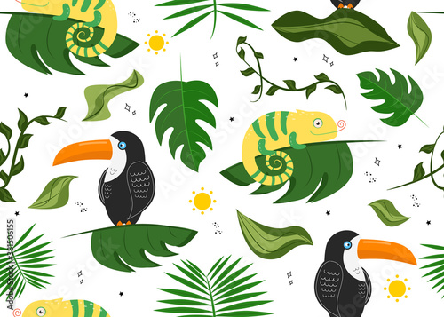 Vector illustration of seamless pattern with toucan bird and chameleon  sun  leaves  stars