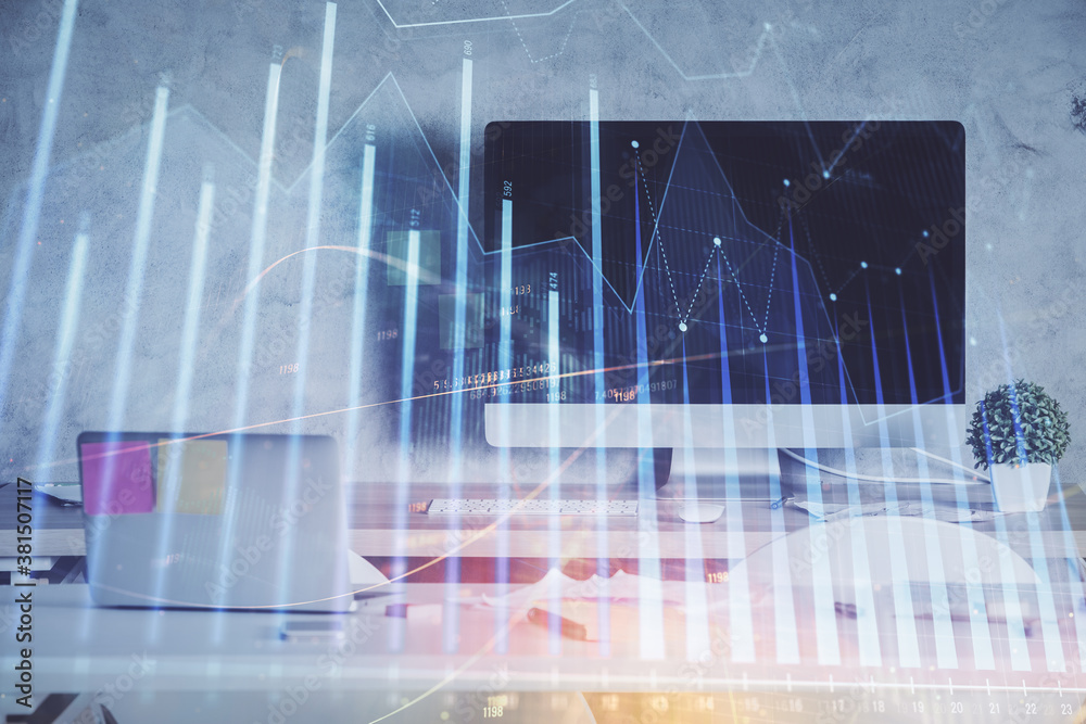 Multi exposure of financial graph drawing and office interior background. Concept of market analysis. Multi exposure of financial graph drawing and office interior background. Concept of market analysis.