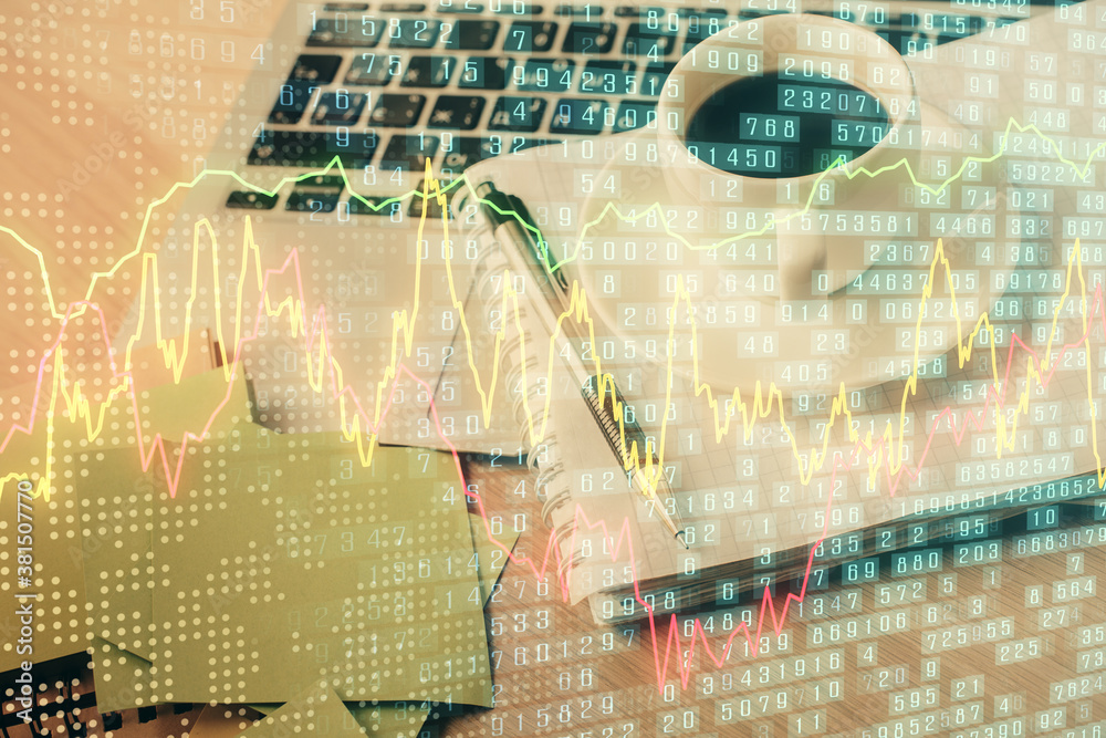 Double exposure of forex chart drawing and desktop with coffee and items on table background. Concept of financial market trading Double exposure of forex chart drawing and desktop with coffee and items on table background. Concept of financial market trading