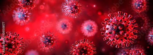 Covid-19 Or SARS-CoV-2 In Liquid - Coronavirus In Red Background - 3d Illustration
