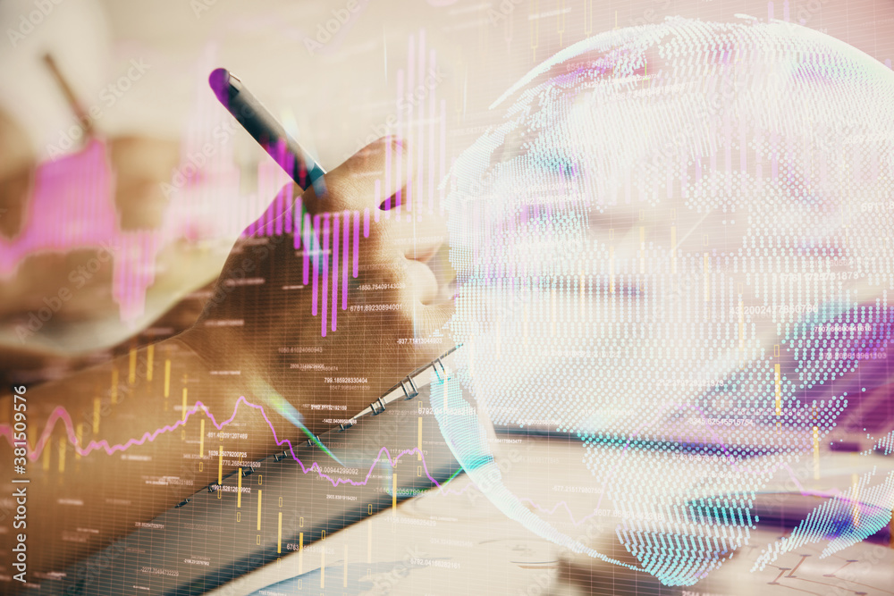 Double exposure of forex chart drawing over people taking notes background. Concept of financial analysis Double exposure of forex chart drawing over people taking notes background. Concept of financial analysis