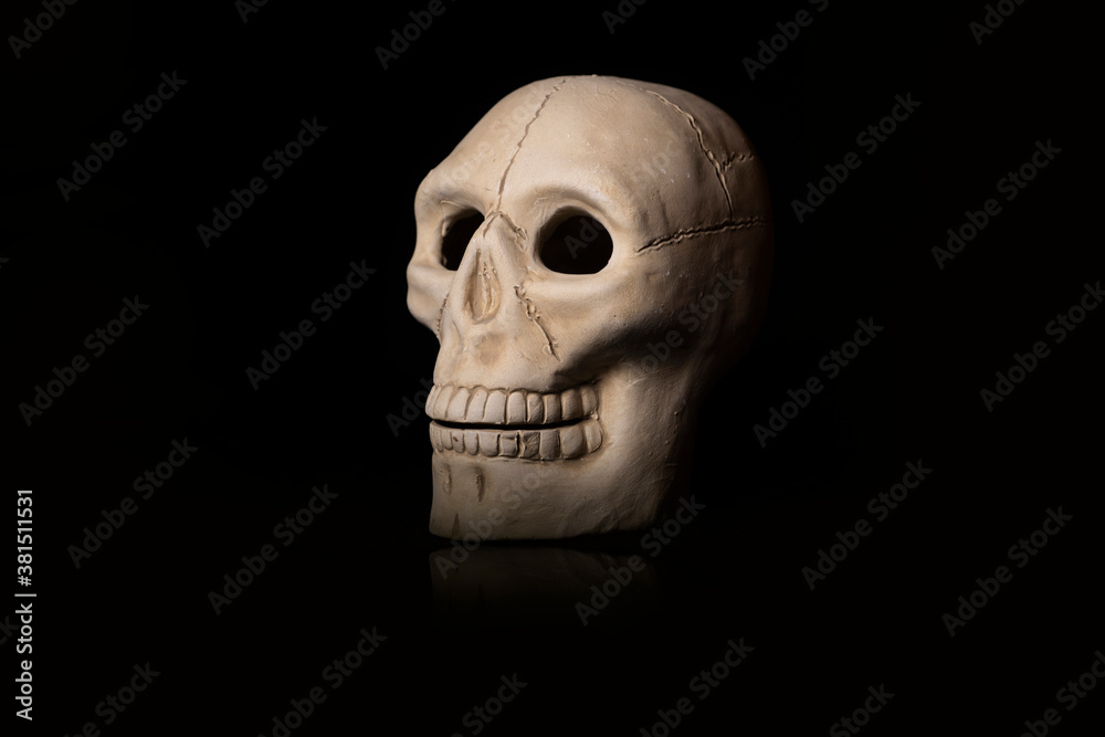 Obraz premium Dia de los muertos, Calavera de arcilla o barro blanco para la ofrenda del día de muertos / Clay or white clay skull for the day of the dead offering