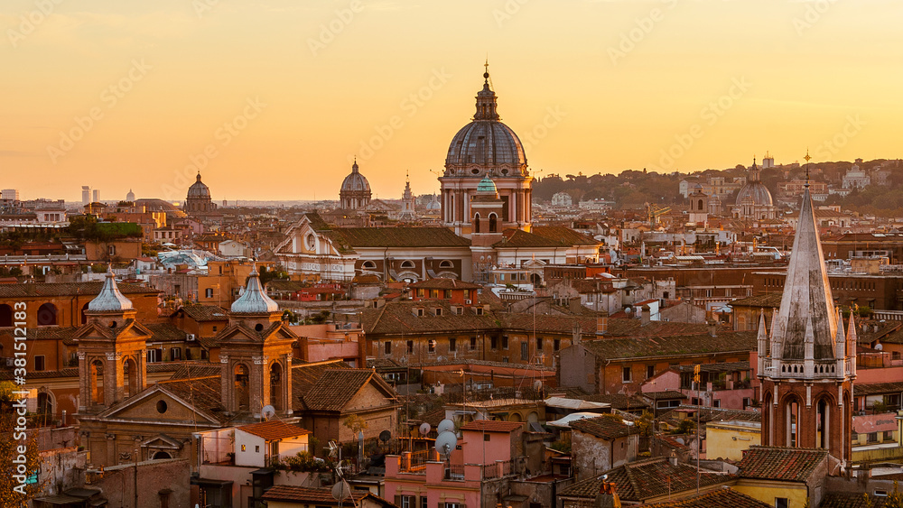 Rome ancient historic center skyline with beautiful sunset light