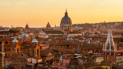 Rome ancient historic center skyline with beautiful sunset light