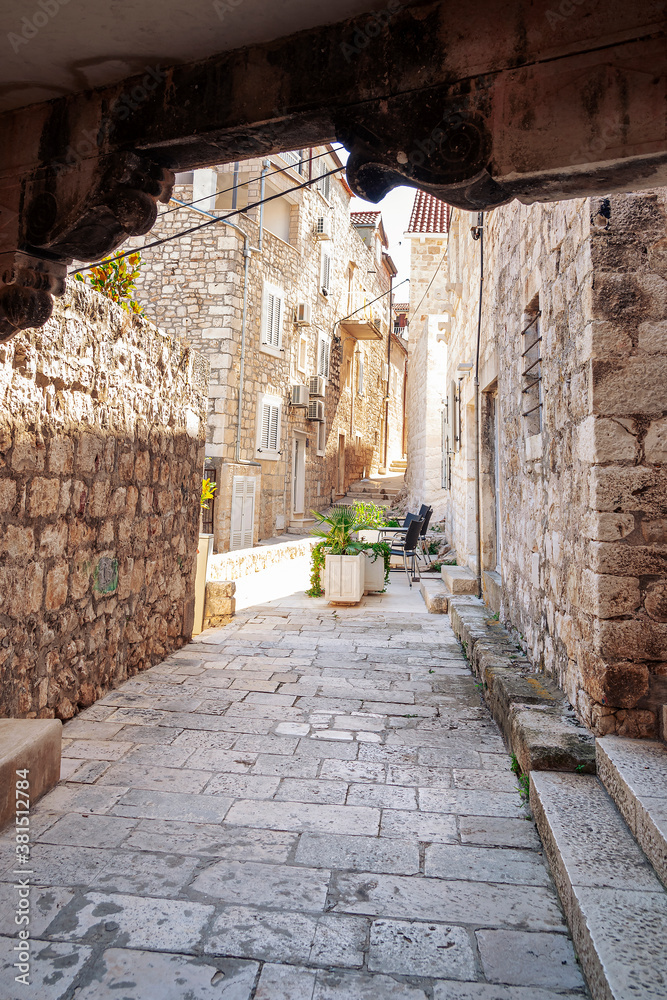 Ancient cobbled street in the town of Hvar, Adriatic coast, Croatia.