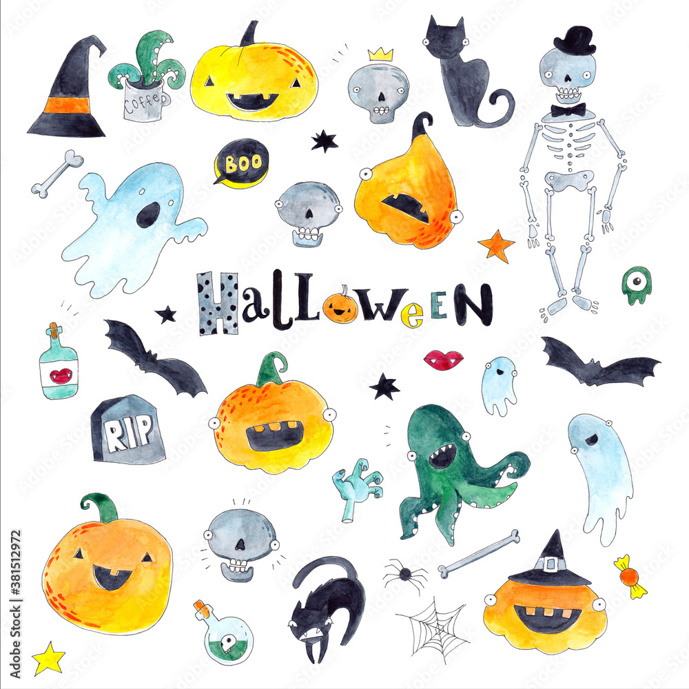 Obraz premium halloween decoration watercolor hand drawn illustration magic pumpkin holiday