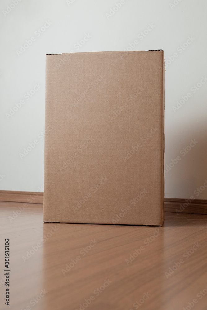 Cardboard box with order placed on the floor in an empty room with a neutral background. delivery concept. economy concept. business concept. shopping concept. copy space. Nobody Cardboard box with order placed on the floor in an empty room with a neutral background. delivery concept. economy concept. business concept. shopping concept. copy space. Nobody