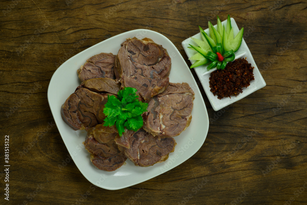 Braised Beef Shank slice ontop corainder thai herb served Galangal chili paste Thai northern Style Braised Beef Shank slice ontop corainder thai herb served Galangal chili paste Thai northern Style