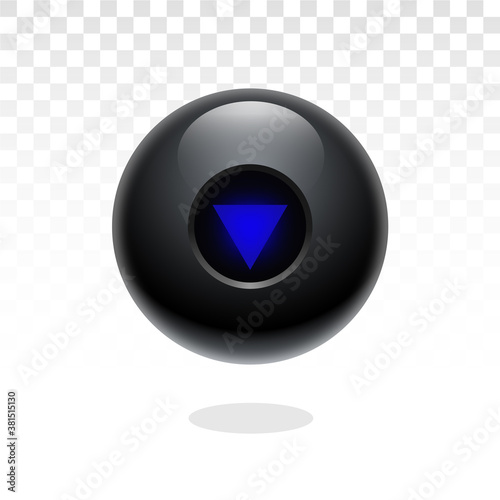 Magic ball of predictions for decision-making. Realistic black sphere. Magic 8 ball set. Eight ball. Glossy shiny ball with number 8. Billiard game. Vector illustration. Transparent background. Black 