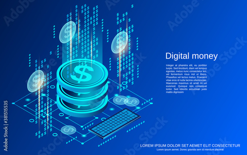 Digital money flat 3d isometric vector concept illustration