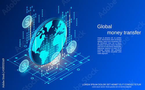 Global money transfer, financial transactions flat 3d isometric vector concept illustration