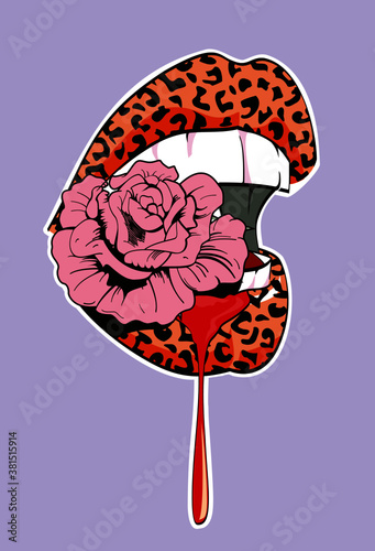 Vector illustration of animal print lips biting a pink flower. Vertical design for t-shirts or posters. 