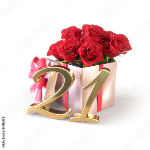 Photography birthday concept with red roses in gift isolated on white background