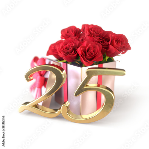 birthday concept with red roses in gift isolated on white background. twenty-fifth. 25th. 3D render
