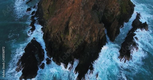 Overhead aerial, rocky coastline in Hawaii