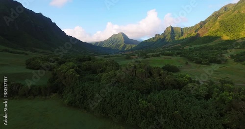 Wide aerial, Ho'omaluhia botanical garden in rural Hawaii