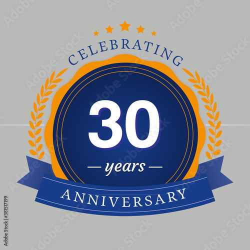 30 years anniversary logo with blue circle frame and blue ribbon
