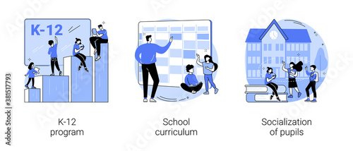 Education program abstract concept vector illustration set. K-12 program, school curriculum, pupils socialization, public school, learning calendar, academic course, play together abstract metaphor.