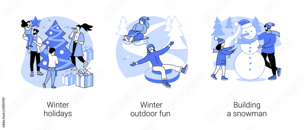 Fototapeta premium Winter entertainment abstract concept vector illustration set. Winter holidays, outdoor fun, building a snowman, Christmas eve, snowball fight, sledding, ski resort vacation abstract metaphor.