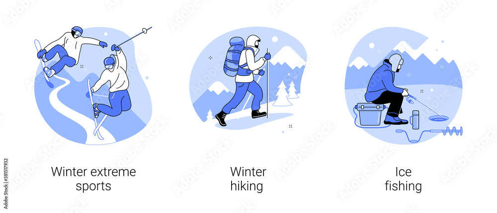 Fototapeta premium Mountain vacation abstract concept vector illustration set. Winter extreme sports, winter hiking, ice fishing, ski and snowboard equipment, travel and hobby, outdoor activity abstract metaphor.