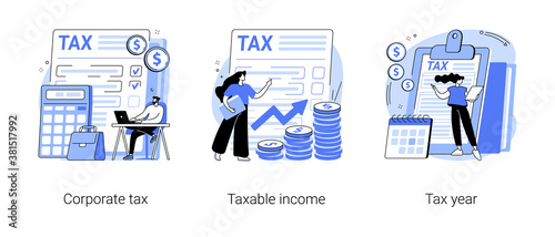 Tax preparation abstract concept vector illustration set. Corporate tax, taxable income, fiscal year, document preparation, payment planning, corporate accountancy, annual return abstract metaphor.