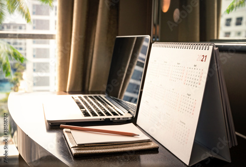 Happy new year 2021 concept: Close up calendar on desktop