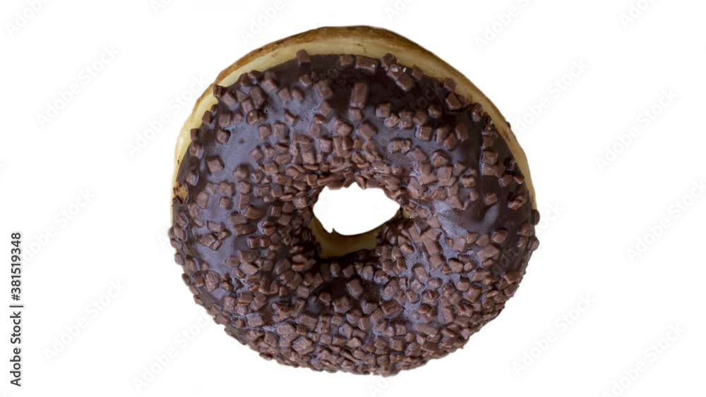 Chocolate donut spinning around 360 degrees on a white background Chocolate donut spinning around 360 degrees on a white background