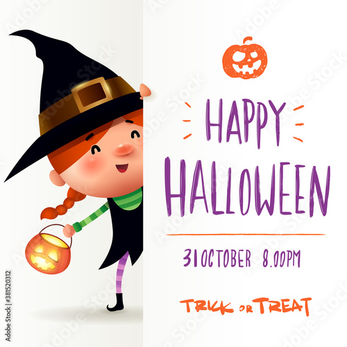Little Witch with big signboard. Happy Halloween calligraphy lettering design. Creative typography for holiday season greeting.