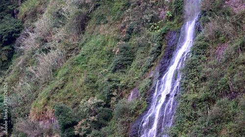 Banos, Ecuador - September 24, 2018 - Casacada de la Virgen Waterfall Static Drone Position