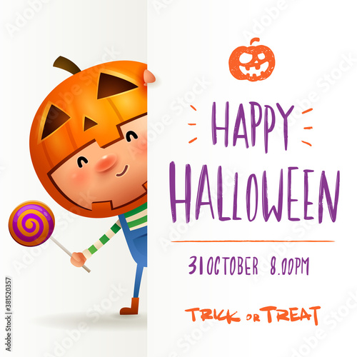 Pumpkin Kid with big signboard. Happy Halloween calligraphy lettering design. Creative typography for holiday season greeting.