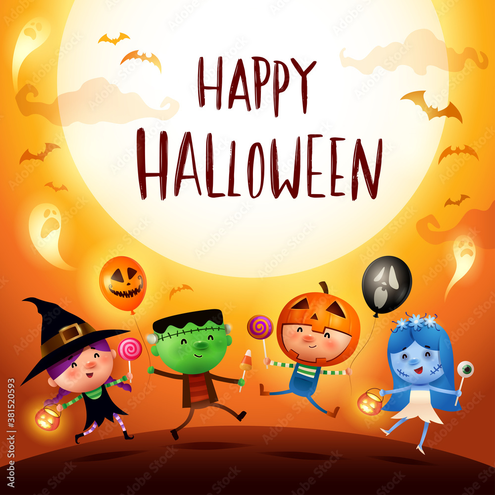 Fototapeta premium Halloween Celebration Fun Party. Halloween Kids Costume Party.