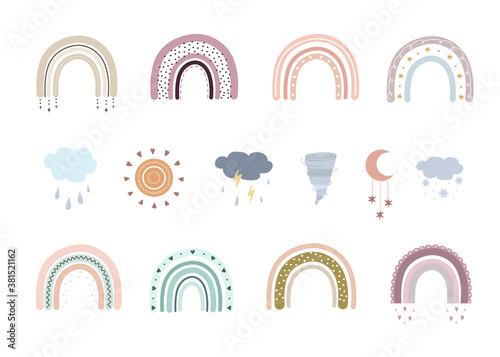 Boho rainbows, clouds and tornado. Cute rainbows in pastel colors. Scandinavian printable poster for playroom and kids. Doodle art elements. Modern vector illustration. Boho style for wall decor.
