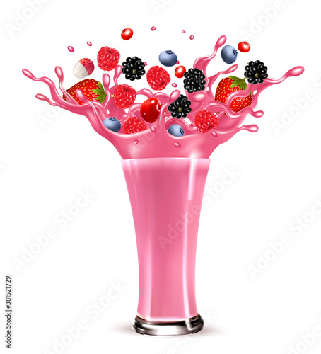 Pink berry juice splash. Whole and sliced strawberry, raspberry, cherry blueberry and lychee in a sweet juce or cocktail with splashes and drops isolated on transparent background. 3D. Vector.