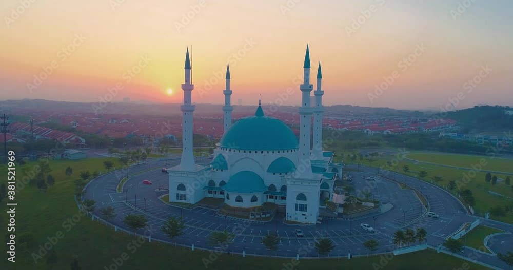 Aerial view of Sultan Iskandar mosque, Johor Bharu during sunrise dawn.