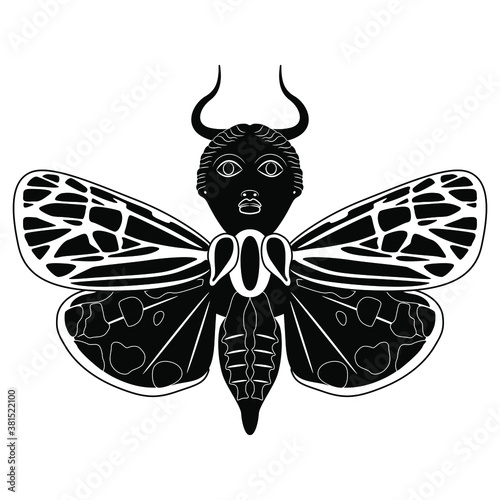 Butterfly with horned female head. Fantastic creature. Black and white silhouette.