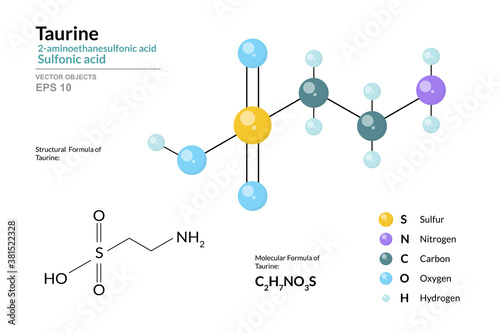 Taurine C2H7NO3S Sulfonic acid. Structural Chemical Formula and Molecule 3d Model. Atoms with Color Coding. Vector Illustration