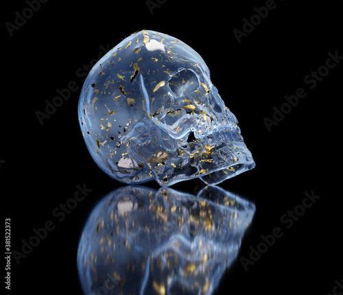 3d rendering crystal glass skull with shyning gold particle under blue light in dark photo