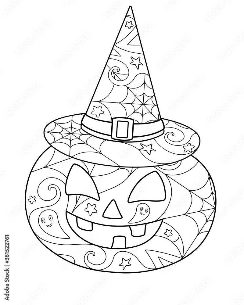 Halloween pumpkin in a witch's hat - coloring antistress - vector linear picture for coloring. Pumpkin in a magic hat - with anti-stress patterns. Outline. Halloween pumpkin in a witch's hat - coloring antistress - vector linear picture for coloring. Pumpkin in a magic hat - with anti-stress patterns. Outline.