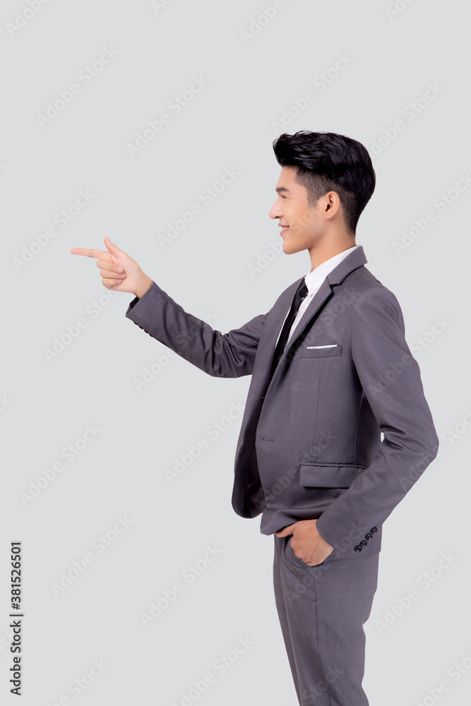 Portrait young asian business man pointing and presenting isolated on white background, advertising and marketing, executive and manager, male confident showing success, expression and emotion. Portrait young asian business man pointing and presenting isolated on white background, advertising and marketing, executive and manager, male confident showing success, expression and emotion.
