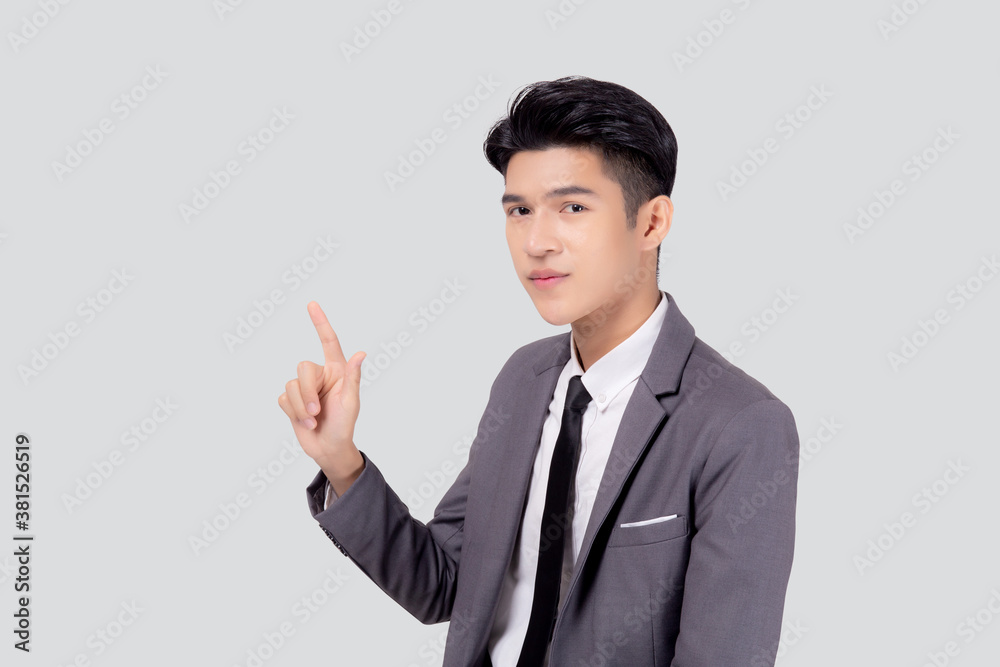 Portrait young asian business man pointing and presenting isolated on white background, advertising and marketing, executive and manager, male confident showing success, expression and emotion. Portrait young asian business man pointing and presenting isolated on white background, advertising and marketing, executive and manager, male confident showing success, expression and emotion.