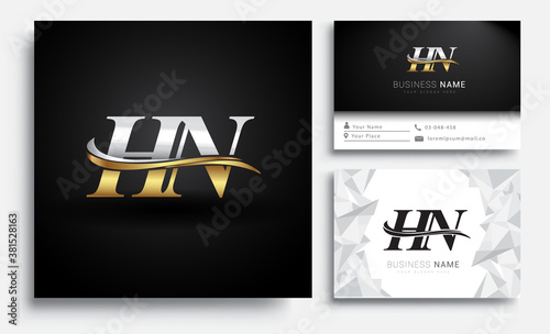 initial letter HN logotype company name colored gold and silver swoosh design. Vector sets for business identity on white background.