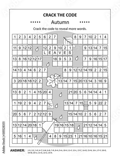 Crack the code word game, or codebreaker word puzzle, with various autumn related words and phrases. Answer included.
