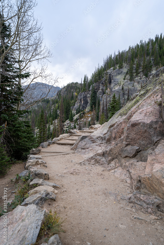 The Emerald Lake hiking trail (leads to three lakes in Rocky Mountain National Park) in Colorado The Emerald Lake hiking trail (leads to three lakes in Rocky Mountain National Park) in Colorado