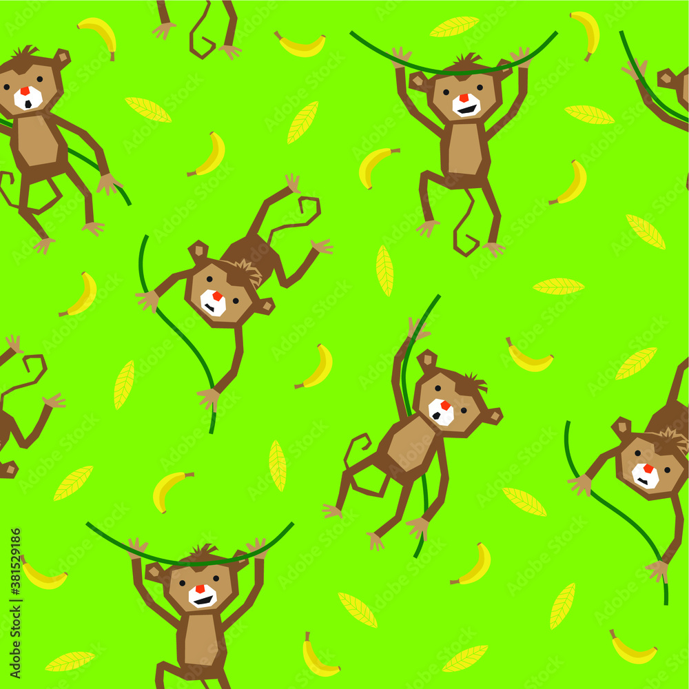 Naklejka premium seamless pattern cute monkey in light green background with leaf and banana ornament