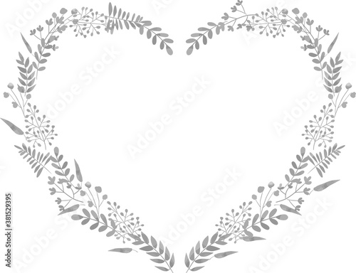 水彩風　ハートの植物のフレーム　グレースケール