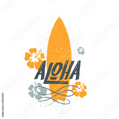 surfing board with aloha text and flower ornament