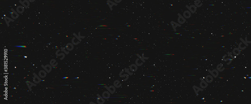 Abstract glitch stars on dark night background. Resembles shooting stars in a night sky. Techno glitch style backdrop. Glitched banner with TV noise, poster design template in futurism style