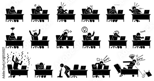 Man using computer reactions towards the online news and things he see and read from the Internet. Vector illustrations of a person reacting and showing different emotions at his laptop.