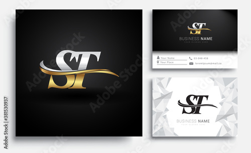 initial letter ST logotype company name colored gold and silver swoosh design. Vector sets for business identity on white background.
